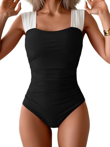 B2prity Womens One Piece Swimsuit Retro Square Neck Tummy Control Bathing Suits Ruched Modest Full Coverage Swimwear Black,White | Amazon (US)