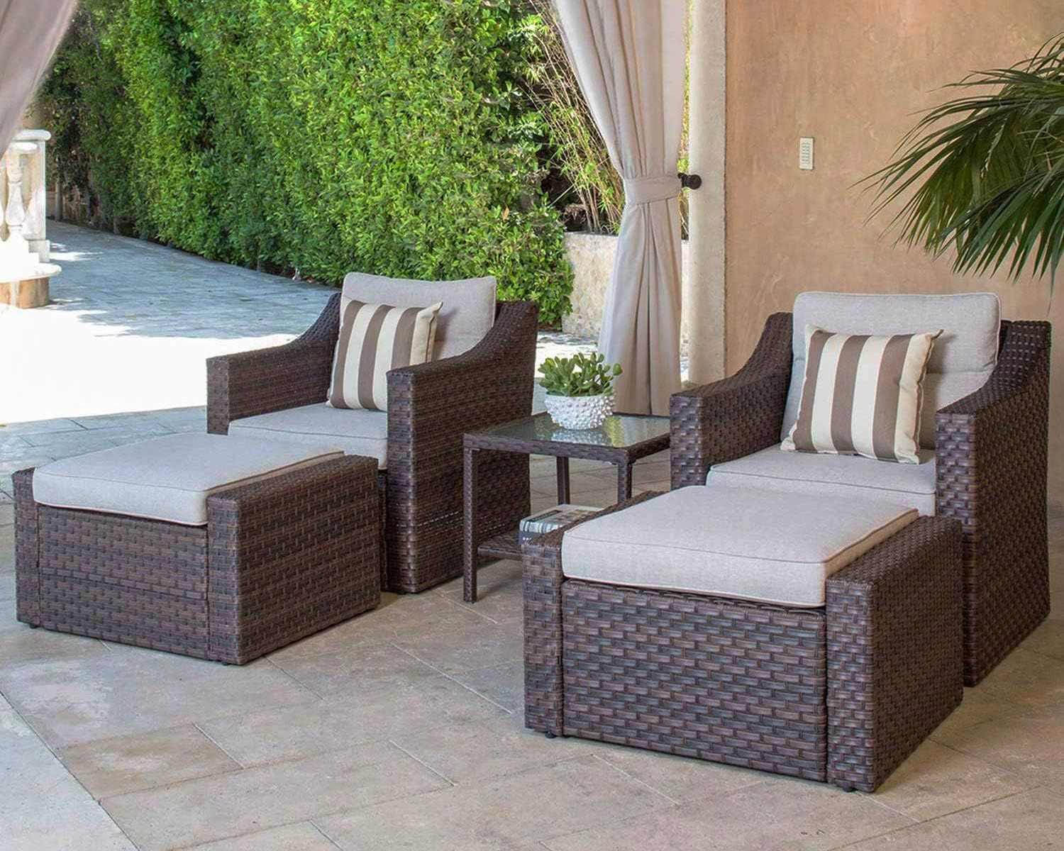 SOLAURA 5-Piece Sofa Outdoor Furniture Set, Wicker Lounge Chair & Ottoman with Neutral Beige Cush... | Amazon (US)