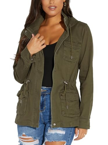 JTNFairy Casual Army Green jacket for women Long Sleeve Hooded Outwear Coat With Zipper Button Pockets Drawstrings | Amazon (US)