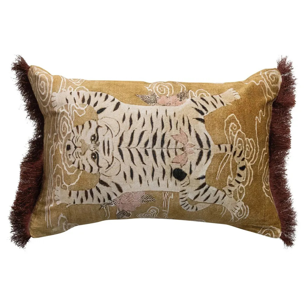 Wexford Updated Traditional Gold Printed Velvet Tiger Lumbar Pillow - 14x20 | Kathy Kuo Home