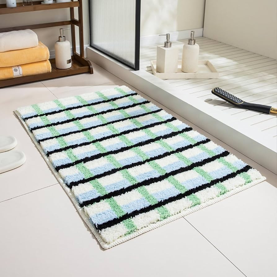 GIB Blue and Green Plaid Bathroom Rug Mat 24" x 16", Black Accent, Extra Soft Absorbent Non-Slip ... | Amazon (US)
