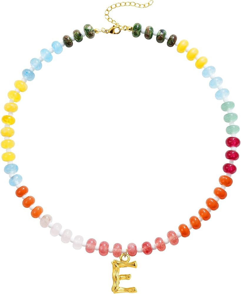 SLOONG Colorful Beaded Necklace for Women, Boho Necklaces Bohemian Rainbow 14K Gold Plated Initia... | Amazon (US)