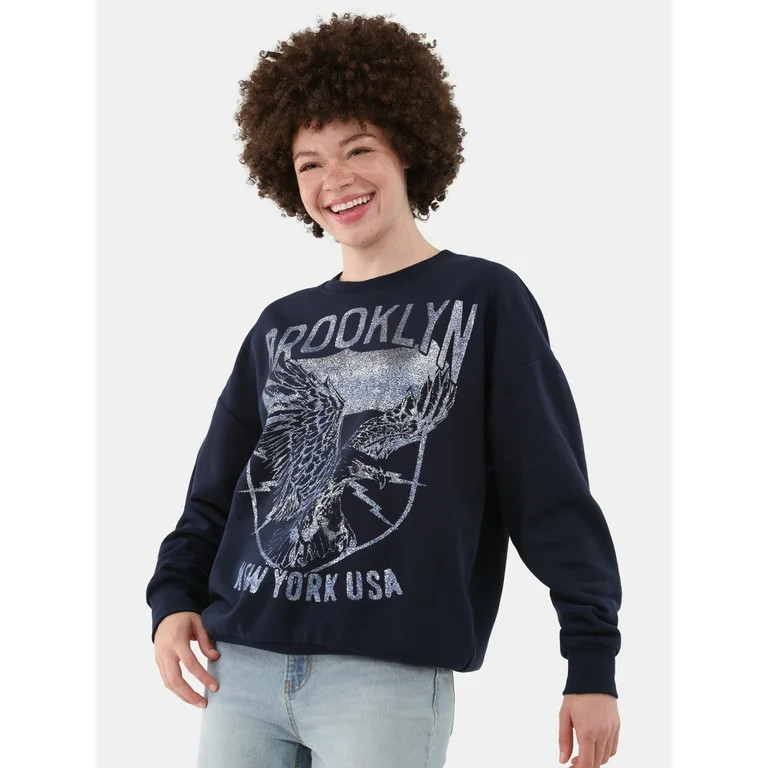 No Boundaries Embellished Sweatshirt with Long Sleeves, Women's and Women's Plus - Walmart.com | Walmart (US)
