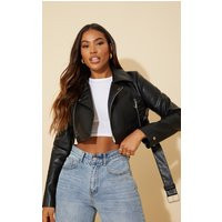 Black Faux Leather Super Cropped Belted Biker Jacket | PrettyLittleThing US