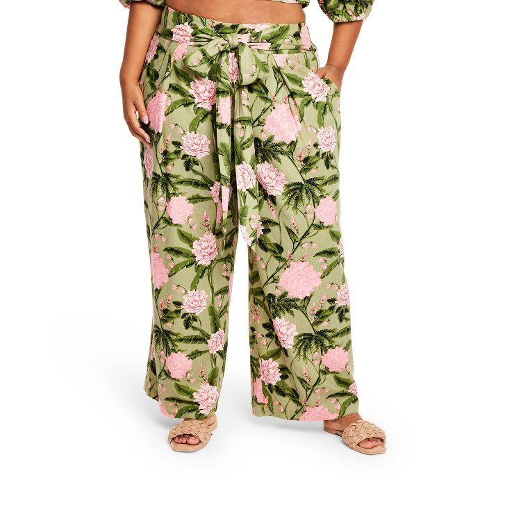 Women's Large Peony Print Wide Leg Pants - Agua Bendita x Target Dark Olive/Blush | Target