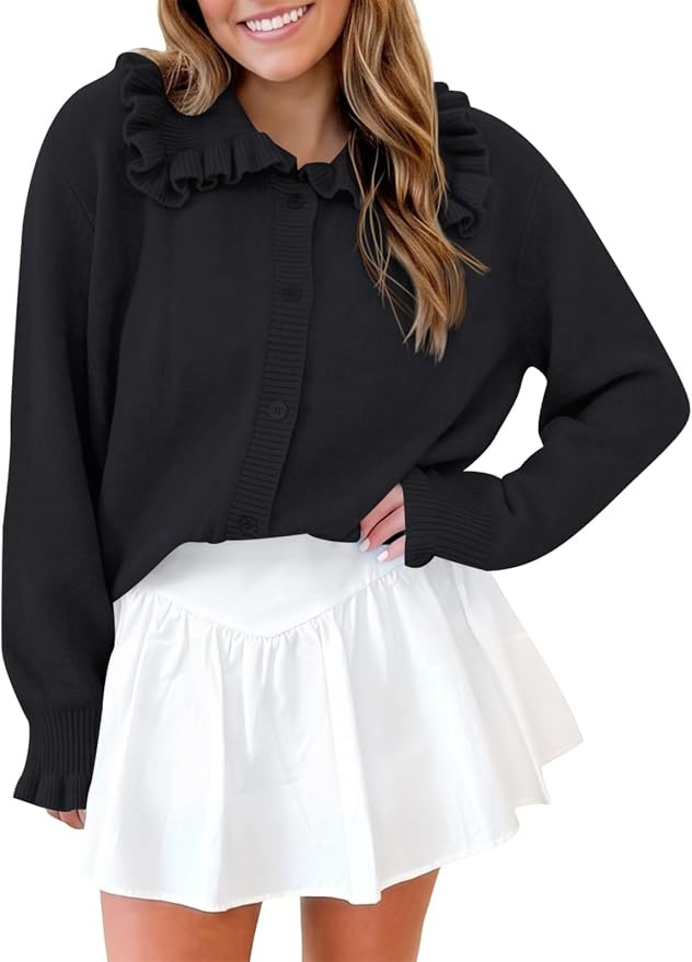 Saodimallsu Womens Ruffle Button Down Sweater Cardigan | Fall Sweater,Lapel Collared, Long Sleeve... | Amazon (US)