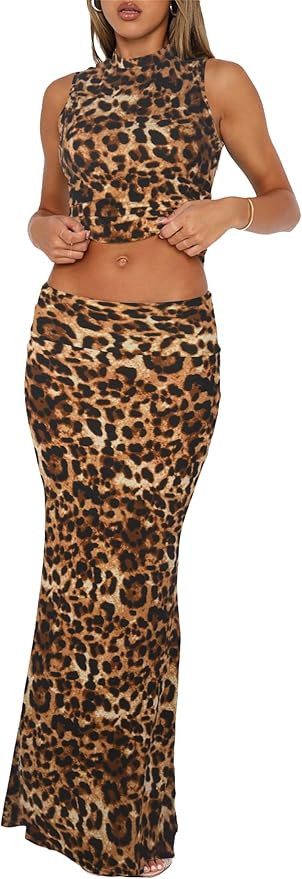 Skirt Sets Women 2 Piece Outfits - Sexy Two Pc Sleeveless Tank Crop Top Fold Over Maxi Long Skirt... | Amazon (US)