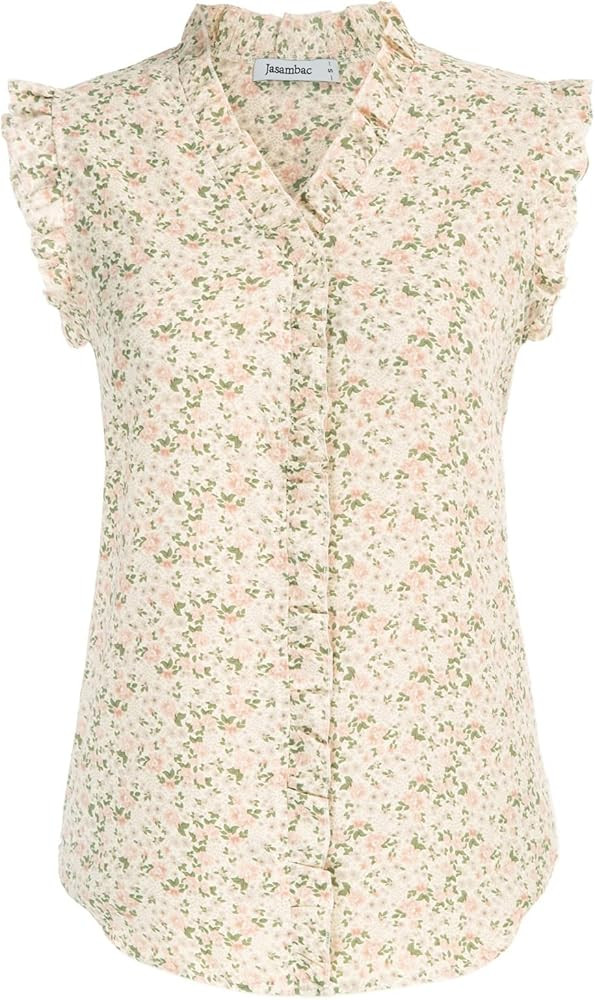 JASAMBAC Women's V Neck Trim Casual Tank Tops Sleeveless Floral Printed Chiffon Blouses Shirts | Amazon (US)