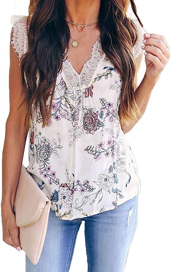 Sidefeel Women V Neck Lace Strappy Floral Print Tank Top Sleeveless Blouse | Amazon (US)
