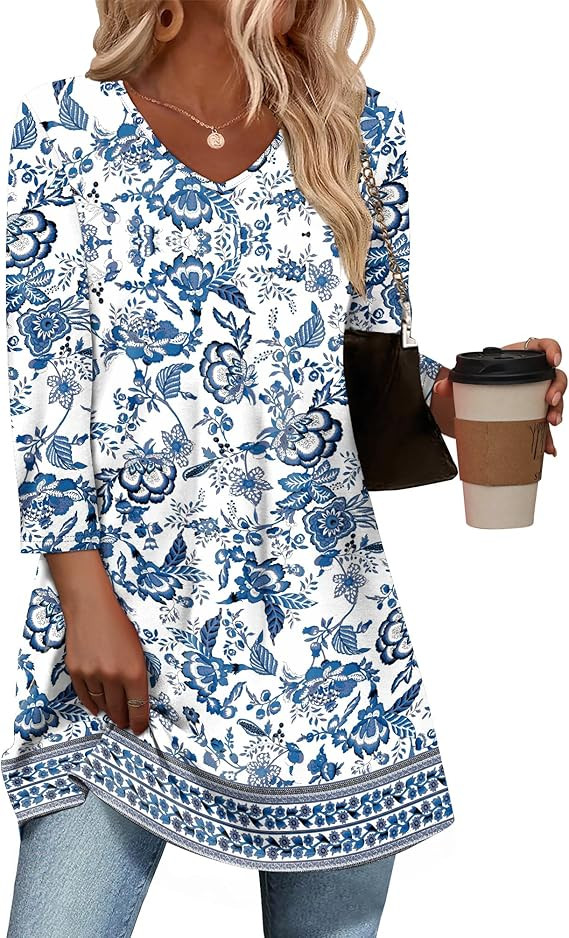 OFEEFAN 3/4 Length Sleeve Womens Tops Dressy Casual Plus Size Tunics to Wear with Leggings | Amazon (US)