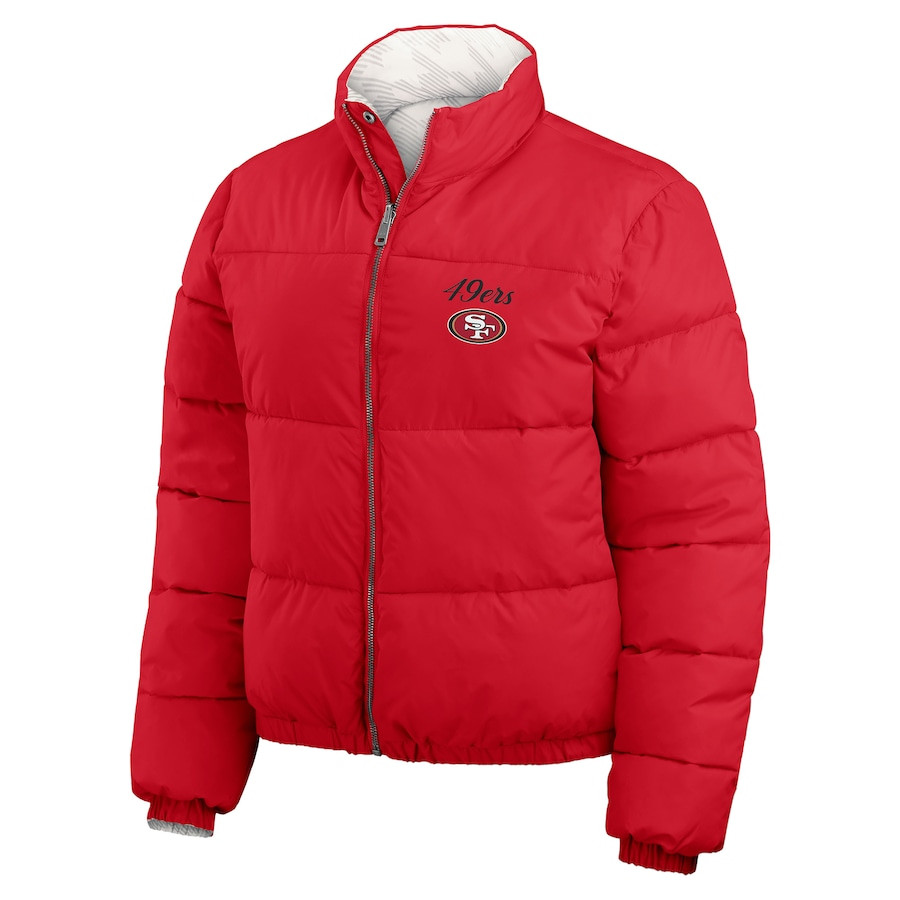 Women's San Francisco 49ers  WEAR by Erin Andrews Scarlet/White Reversible Cropped Full-Zip Puffe... | NFL Shop