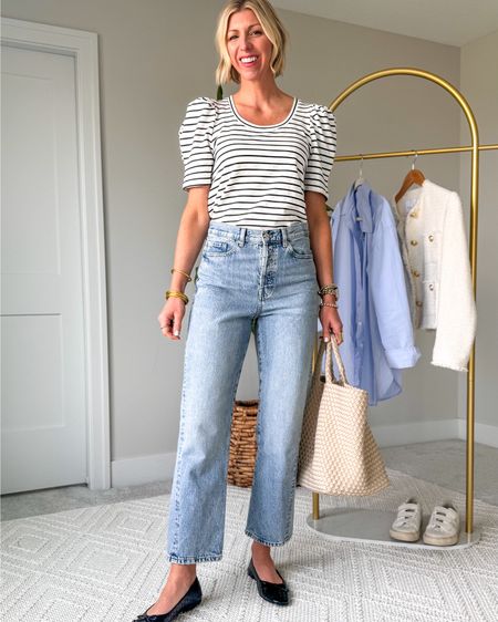 Easy elevated spring outfit: stripe tee + puff sleeves, straight leg jeans in a light wash, woven ballet flats 

Wearing my true size small in the tea, size 6 in the jeans. They run slightly snug. I recommend sizing up one👍🏻


#LTKover40 #LTKVideo #LTKstyletip
