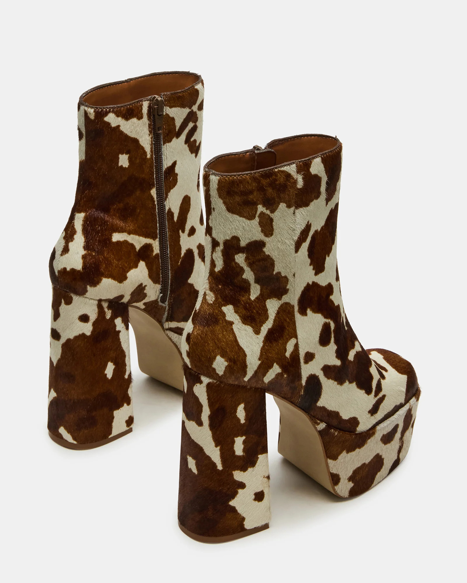 TRILLION Brown Cow Print Platform Square-Toe Block Heel Women's Ankle Boot | Steve Madden (US)