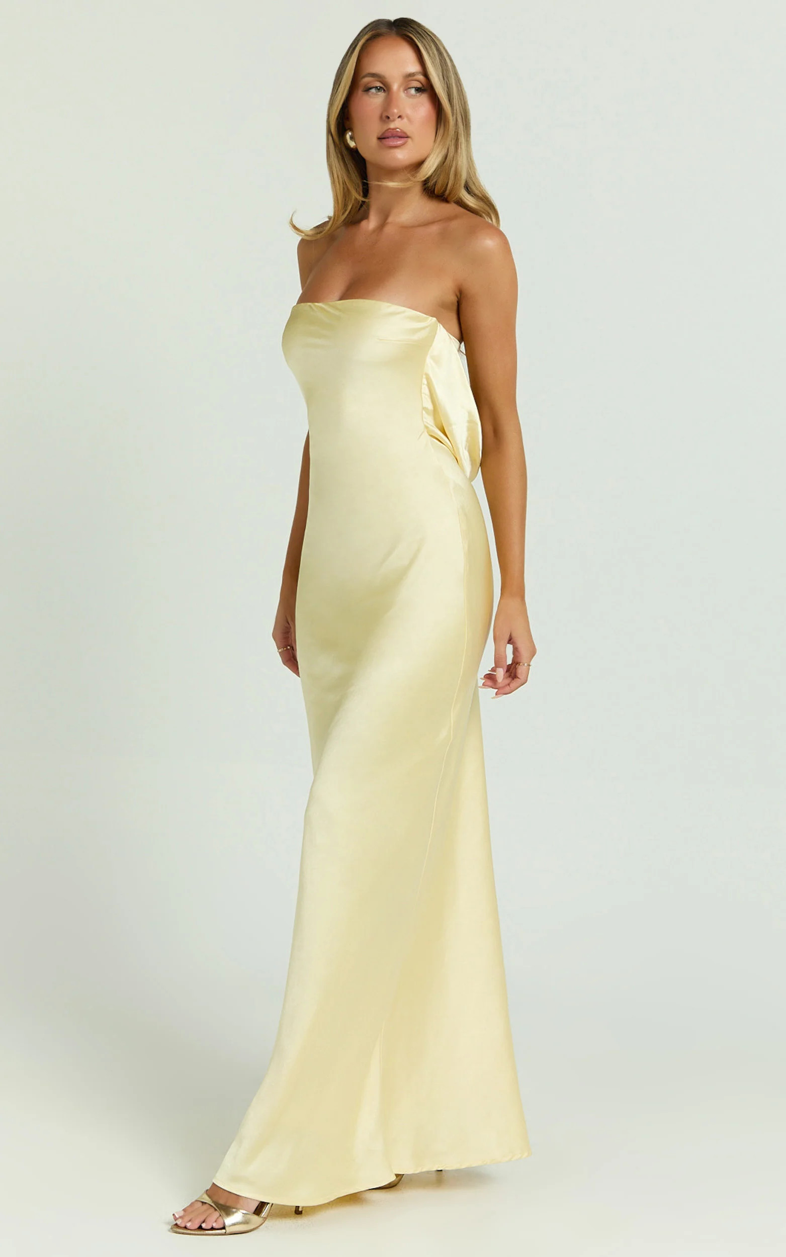 Charlita Maxi Dress - Strapless Cowl Back Satin Dress in Butter Yellow | Showpo USA | Showpo (US, UK & Europe)