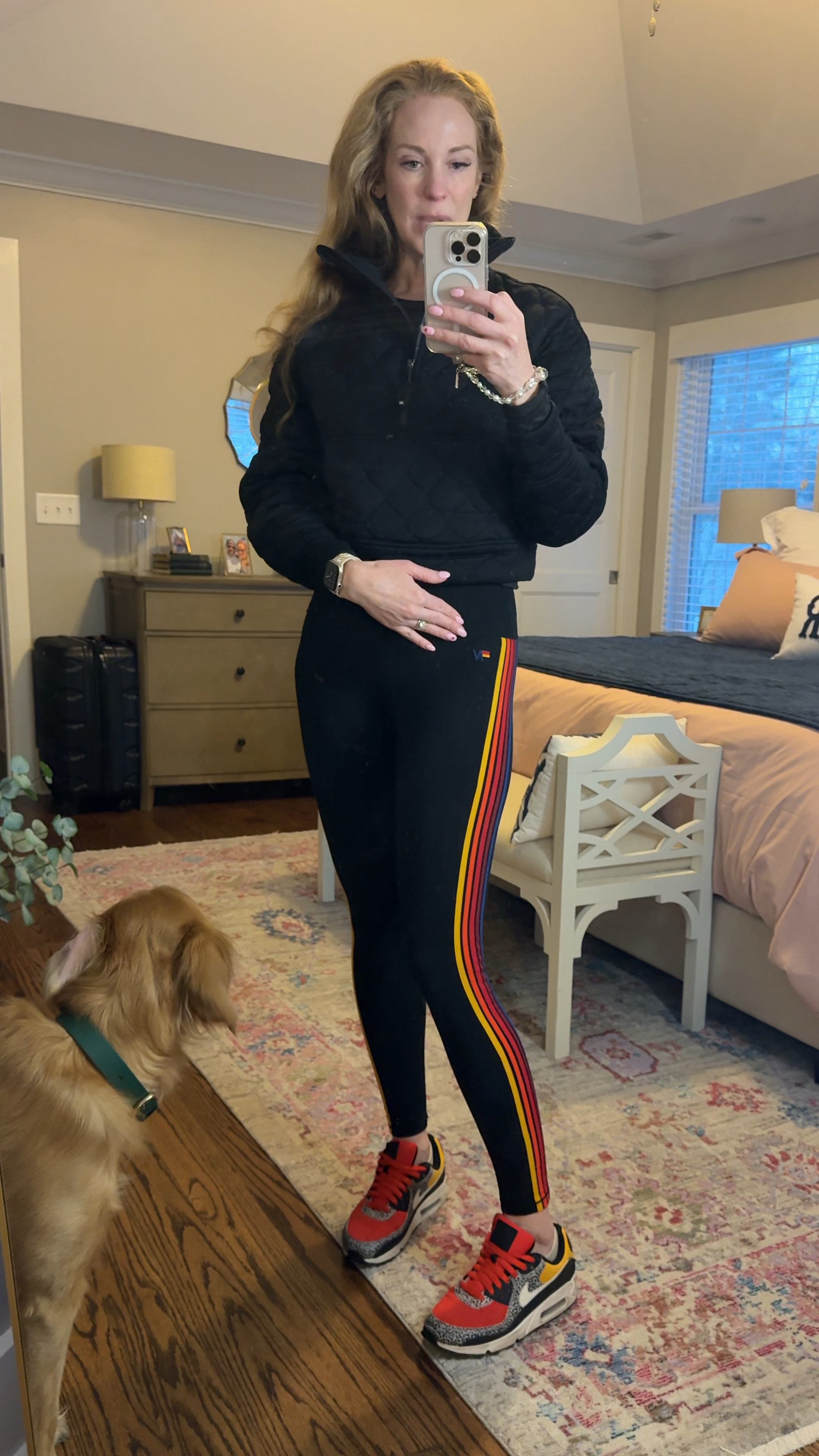 I like to jazz up my daily uniform of athleisure with fun leggings. I always get compliments on these rainbow striped leggings from Aviator Nation and colorful Nike Air Max. They make my cozy Lulu quilted scuba a little more fun!

#LTKActive #LTKOver40 #LTKWatchNow