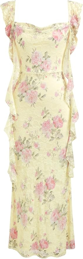 CIDER Formal Dresses for Women Wedding Guest Dresses Summer Maxi Dress Sleeveless Mesh Ruffle Coc... | Amazon (US)