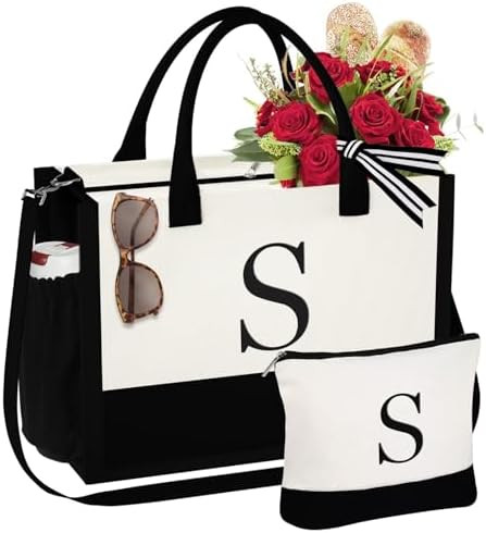YOOLIFE Birthday Gifts for Women - Initial Canvas Tote Bag & Makeup Bag Monogrammed Beach Bag for... | Amazon (US)