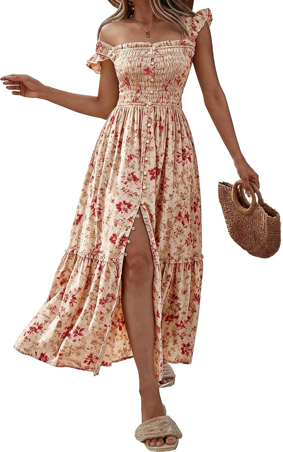 Women Summer Casual Midi Dress Square Neck Button Down Smocked Ruffle Strap Flowy Split Beach Sundress Pockets | Amazon (US)