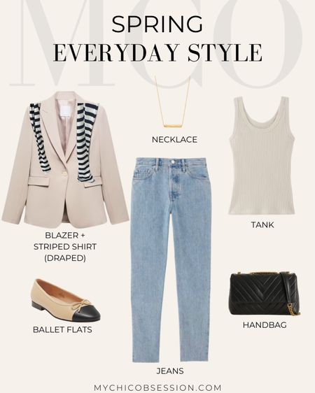 Style a spring outfit with ease by starting with light wash jeans and a tank top. Add a neutral blazer, with a striped sweater thrown over the shoulders. Add cap-toed ballet flats, gold bar necklace, and a leather handbag to complete the look. 

#LTKSeasonal #LTKstyletip