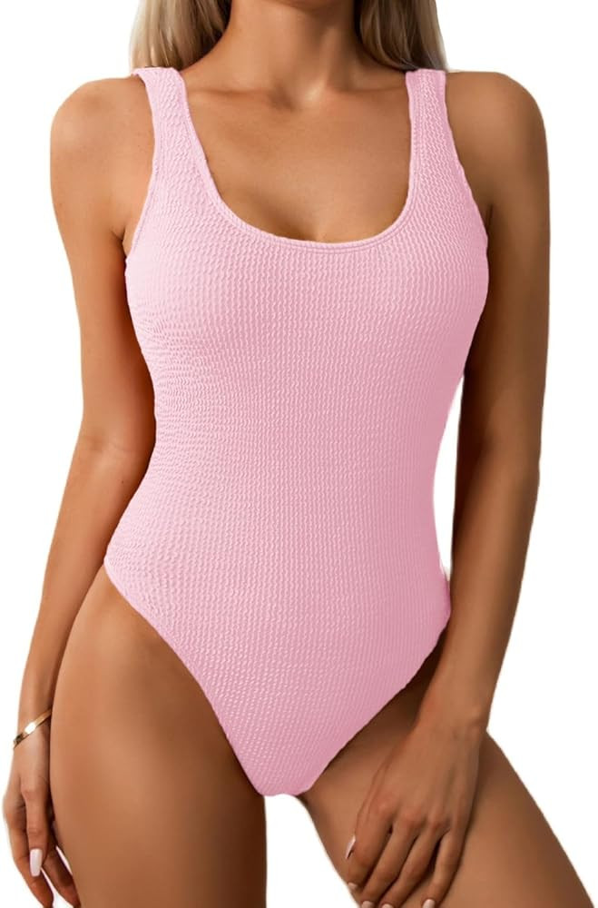 Limeeke Women One Piece Swimsuit Solid Ribbed Monokini Swimwear Scoop Neck Low Back Bathing Suit | Amazon (US)