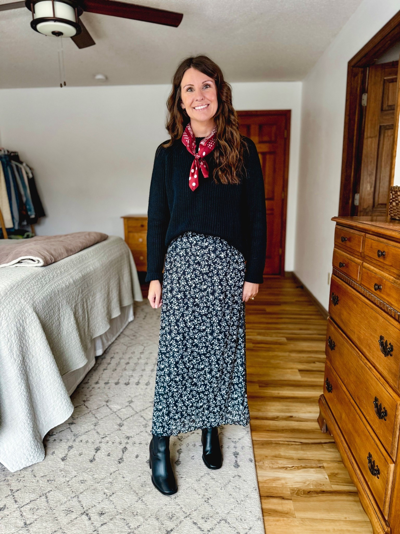 Wearing size small in my tank, small in my corp sweater and small in my floral midi skirt. This scarf is so fun for making an outfit a little more festive ♥️ my boots are size 6.5. You could also add fleece lined tights under for extra warmth!

#LTKPetite #LTKHoliday #LTKFindsUnder50