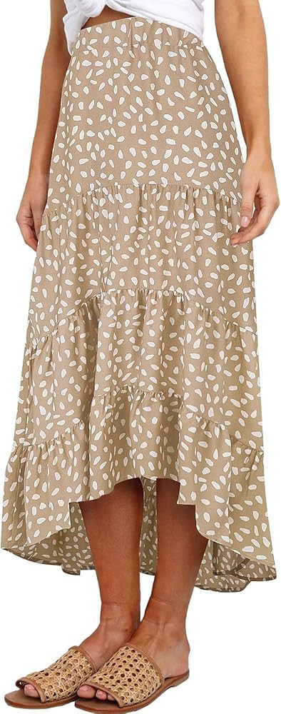 SimpleFun Women's Long Skirts Boho Floral Elastic High Waist Asymmetrical Hem Midi Skirt | Amazon (US)