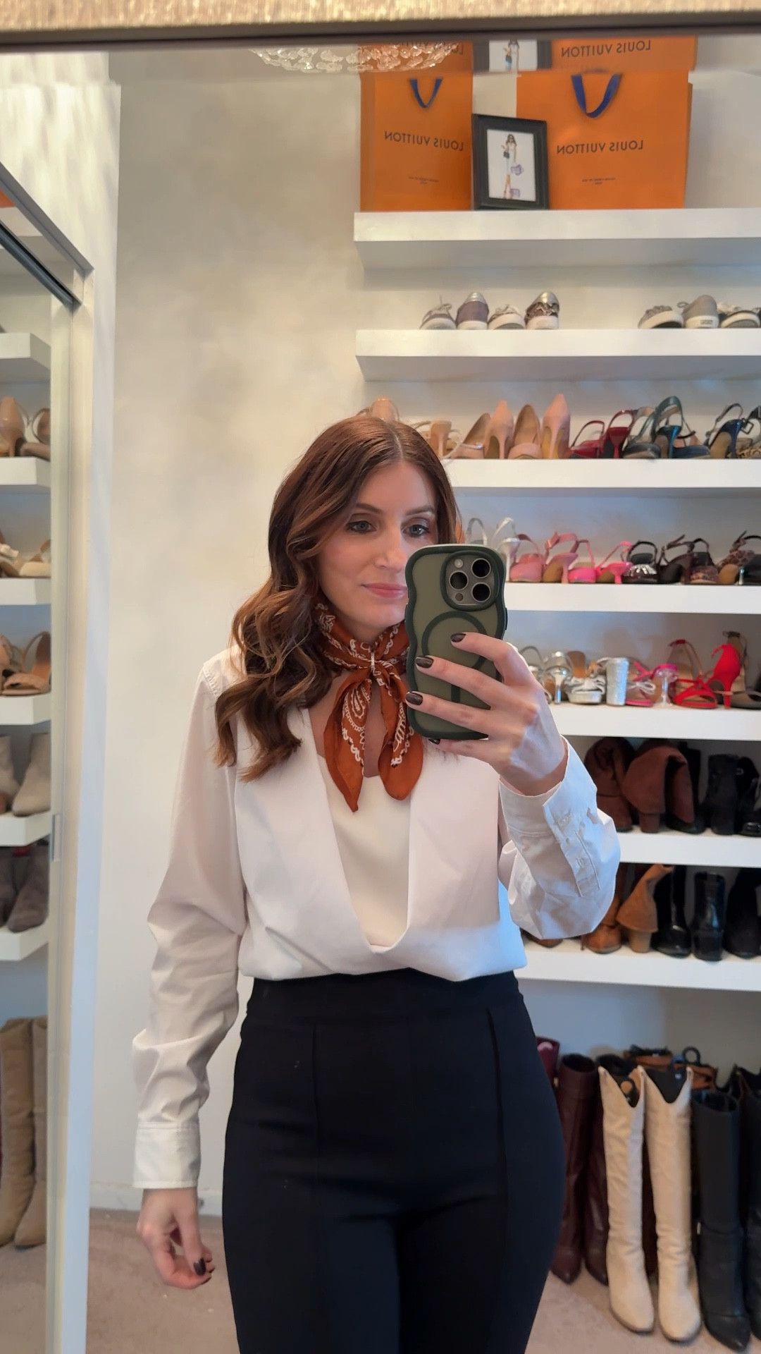 What I wore to work today, workwear outfit, casual outfit, fitted button down shirt, classic white button down shirt, Spanx black dress pants, western boots, silk neck scarf, ankle boots, gold earrings, easy outfit  

#LTKootd #LTKSaleAlert #LTKWorkwear