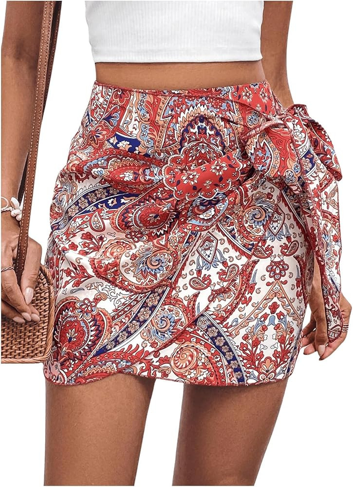 Milumia Women Boho Paisley Print Wrap Mini Skirt Tie Side Summer Beach Short Skirts | Amazon (US)