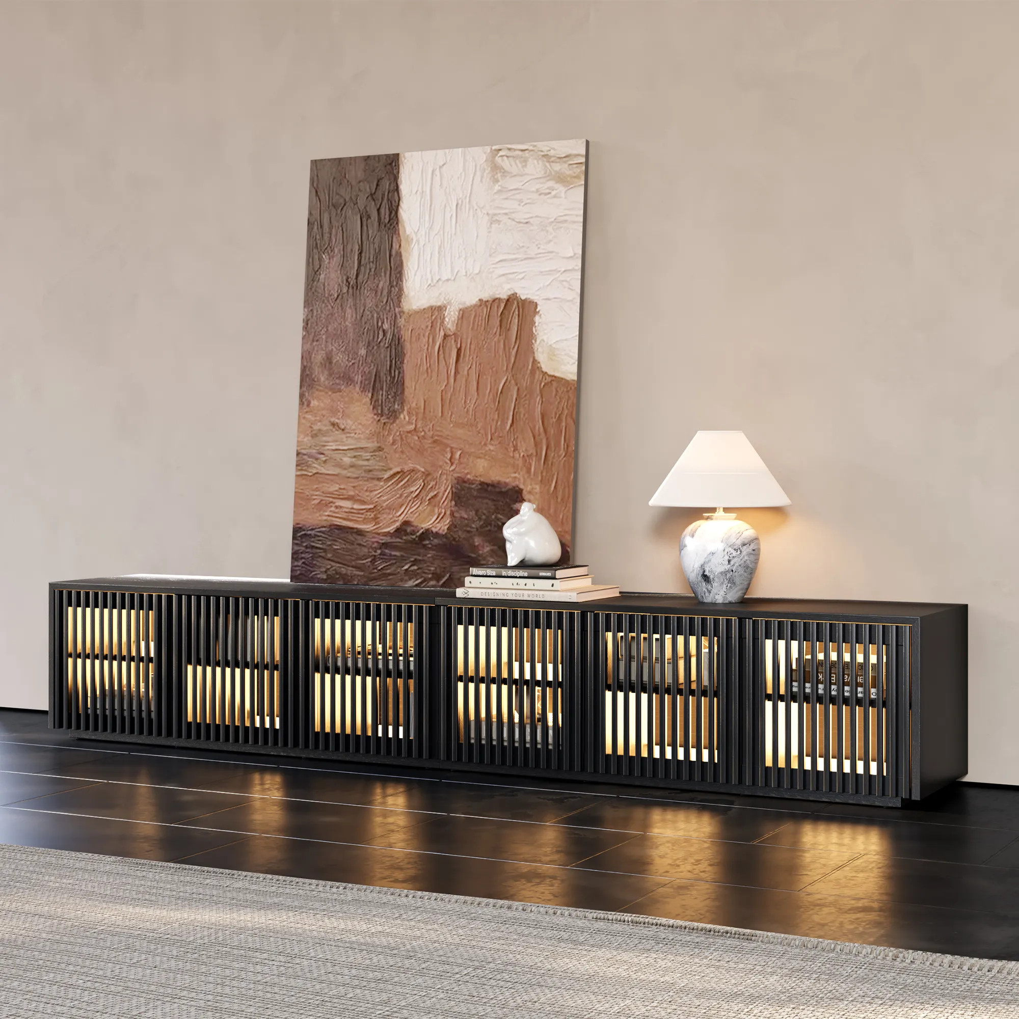 Minimalist TV Stand, Wood Slatted Entertainment Center  Media Console,Mid-Century Modern TV Conso... | POVISON