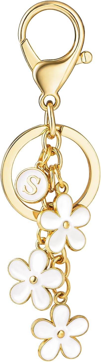 SELOVO Initial Keychain White/Pink Flower Charms for Key Cute Letter Keyring for Handbag Backpack | Amazon (US)