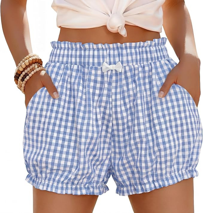 Xaatren Women's Cotton Gingham Shorts Casual Ruffle Pajama Lounge Plaid Short Summer Cute Y2k Fri... | Amazon (US)