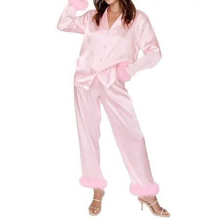 JBEELATE Women Feather Pajamas Set Button Down Long Sleeve Silk Satin Sleepwear Bridal Loungewear Ni | Walmart (US)