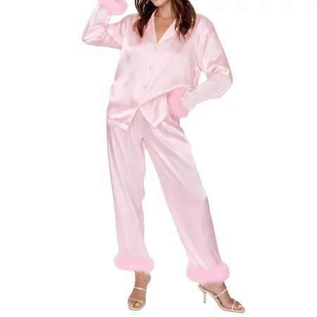 CenturyX Women Feather Pajamas Set Button Down Long Sleeve Silk Satin Sleepwear Bridal Loungewear Ni | Walmart (US)
