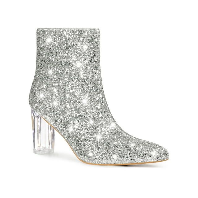 Perphy Clear Block Heel Sparkly Glitter Ankle Boots for Women | Walmart (US)