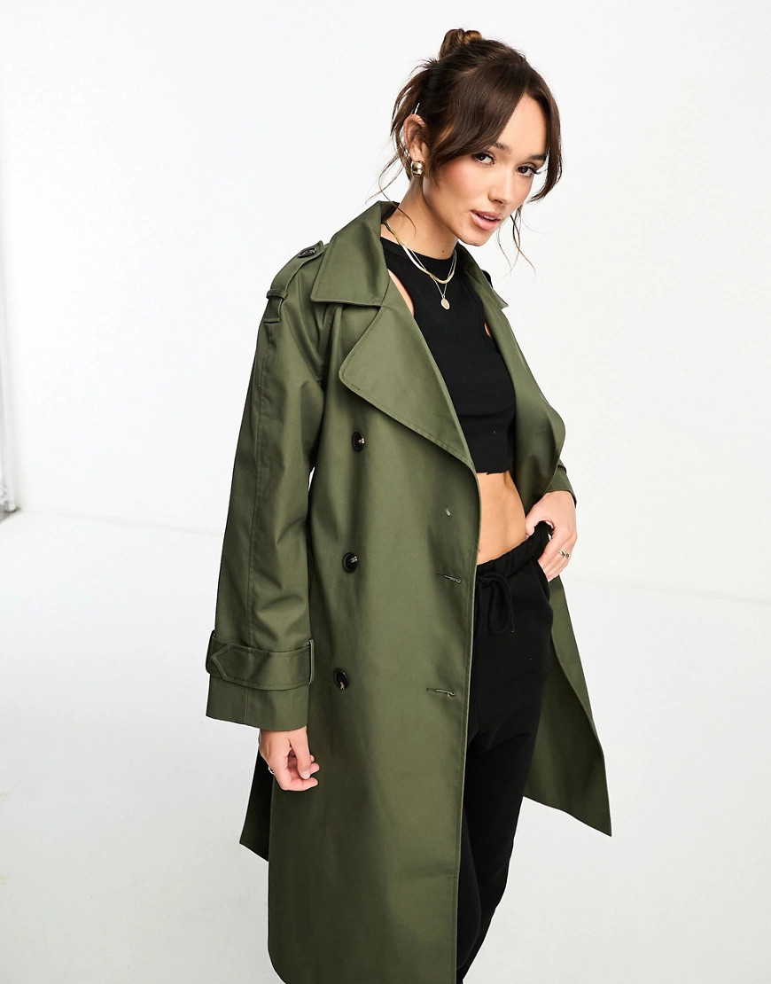 ASOS DESIGN longline trench coat in dark khaki-Green | ASOS (Global)