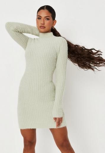 Missguided - Carli Bybel x Missguided Sage Fluffy Knit High Neck Long Sleeve Mini Dress | Missguided (UK & IE)