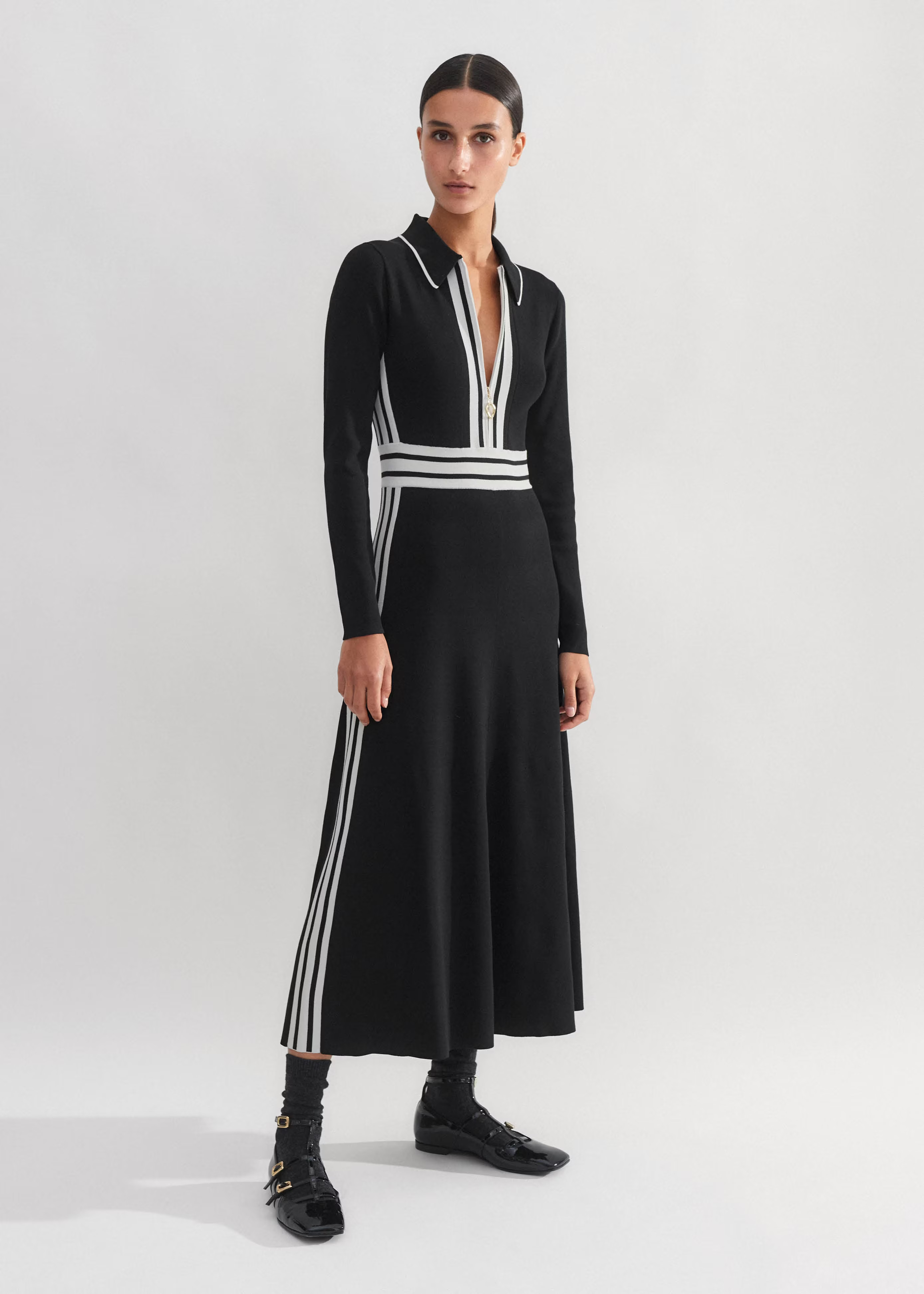 Women's Black Collared Stripe Panelled Knit Dress | ME+EM | ME+EM US
