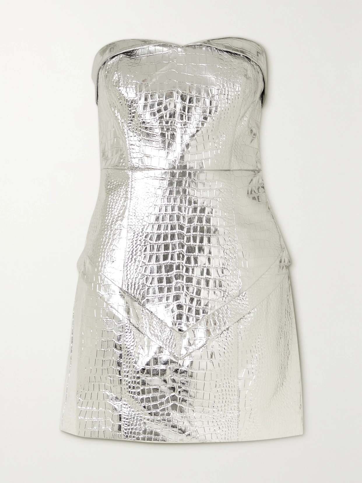 ROTATE Birger Christensen - Hemly Strapless Croc-effect Faux Leather Mini Dress - Silver | NET-A-PORTER (US)
