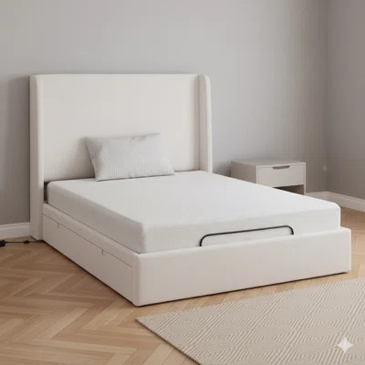 Caron Upholstered Wingback Bed Bundled With An Adjustable Base, Queen Size. Upholstered In Textured Ivory Canvas Chenille, Offers Head & Foot Incline, | Wayfair North America