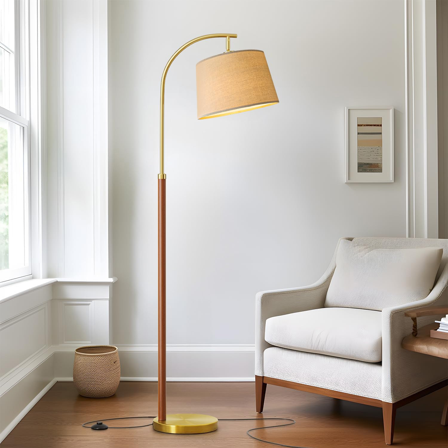 G-SAFAVA 62.5" Wood Floor Lamp for Living Room Gold with Foot Switch Arc Standing Tall Lamps for ... | Amazon (US)