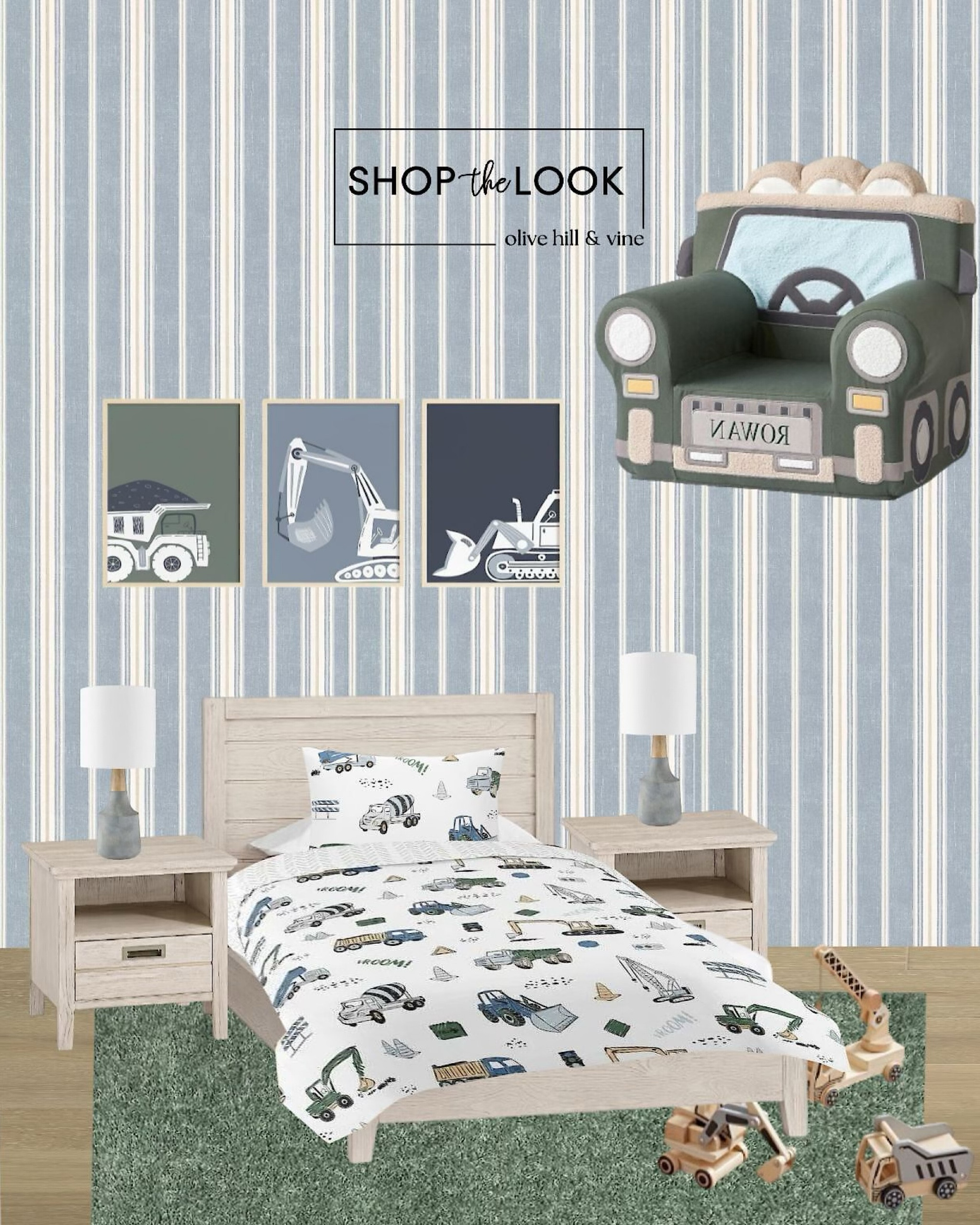 This construction-themed boy’s room is the perfect mix of fun and function! Blue and white striped wallpaper sets the scene, paired with a green shag rug. Weathered white furniture, truck-themed bedding, and playful decor bring the look together—ready for big dreams!  

#LTKHome #LTKKids #LTKFamily
