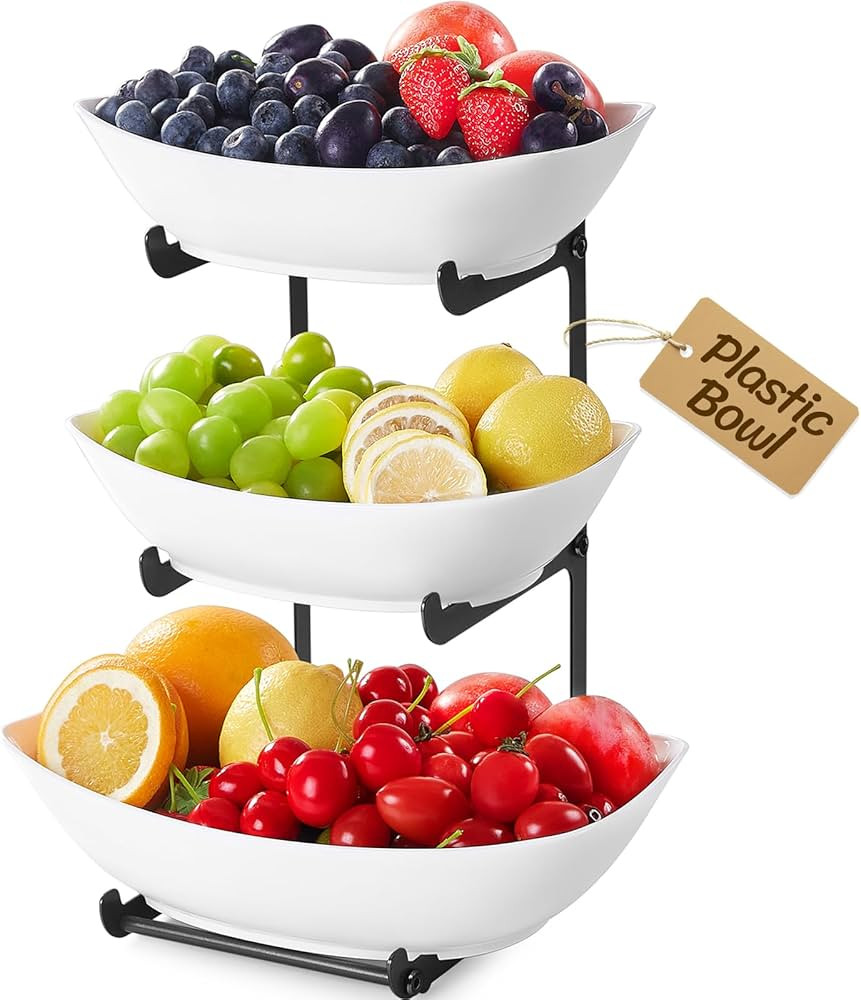 Lifewit Plastic Fruit Bowl Basket for Kitchen Countertop, 3 Tier Fruit Holder with Black Metal St... | Amazon (US)