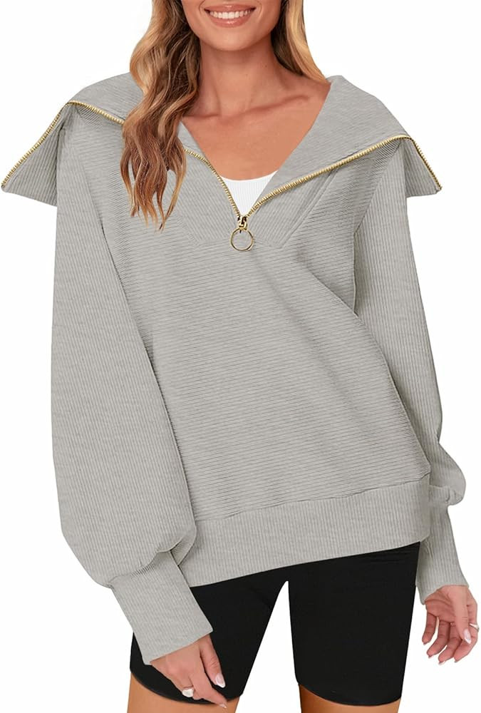 MEROKEETY Women's 2023 Long Sleeve Quarter Zip Sweatshirt V Neck Collar Ribbed Y2K Pullover Tops | Amazon (US)