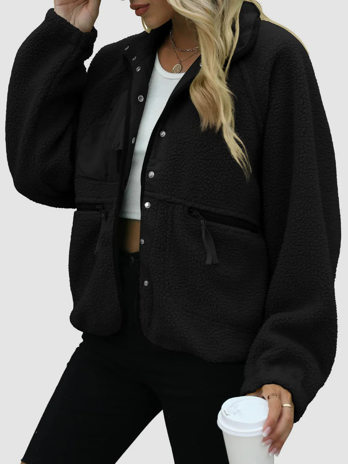 Pocketed Snap Down Sherpa Jacket Black / 2XL | Casual Chic Boutique