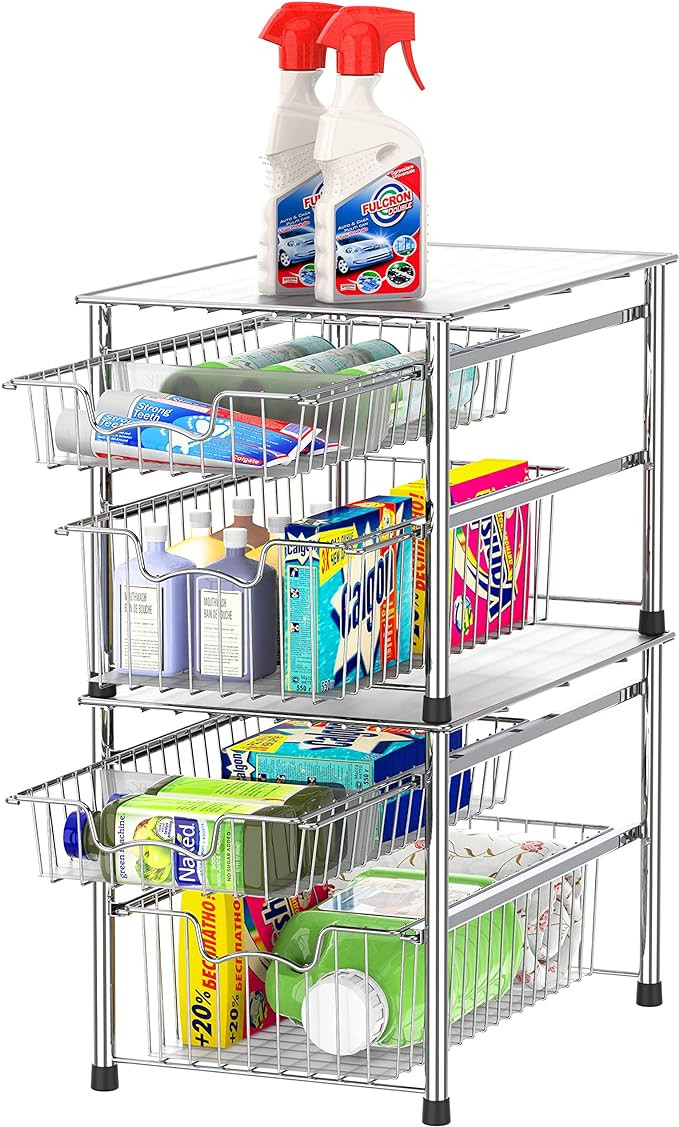 Simple Houseware Stackable 2 Tier Sliding Basket Organizer Drawer, Chrome | Amazon (US)