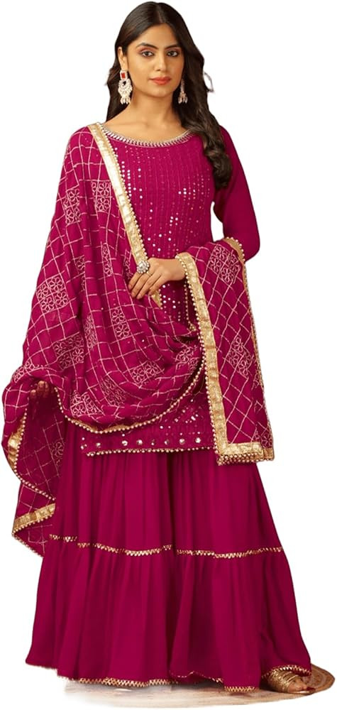 Beautiful Chinnon Punjabi Style Sharara Suit For Women Ready To Wear Salwar Kameez With Dupatta | Amazon (US)