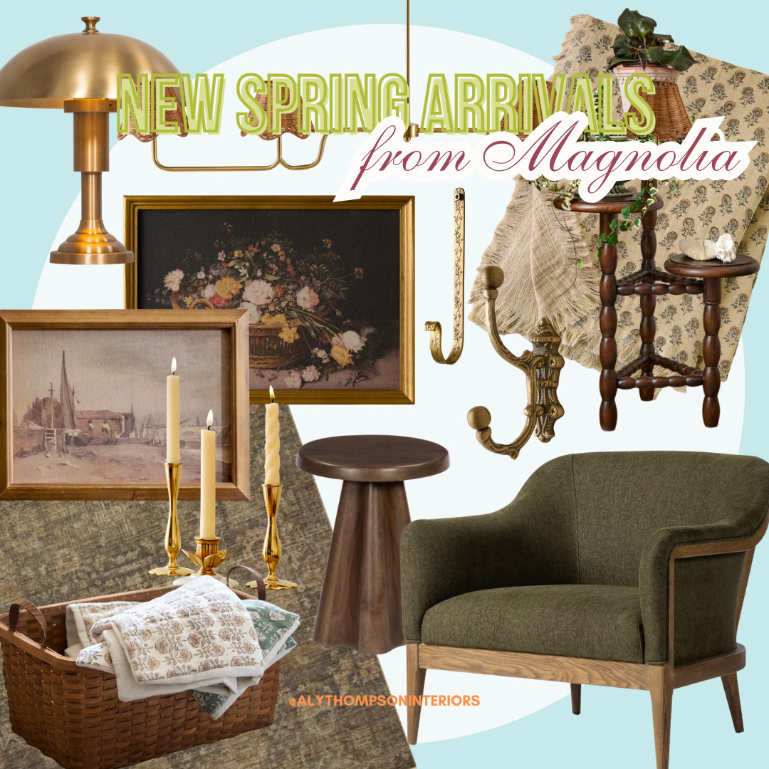 New Spring Arrivals from Magnolia | Green Accent Chair | Floral Throw Blanket | Brass Table Lamp | Brass Candlesticks | Wicker Basket | Bronze End Table | Brass Wall Hooks | Plant Stand 

 #LTKSeasonal #LTKHome #LTKFindsUnder100