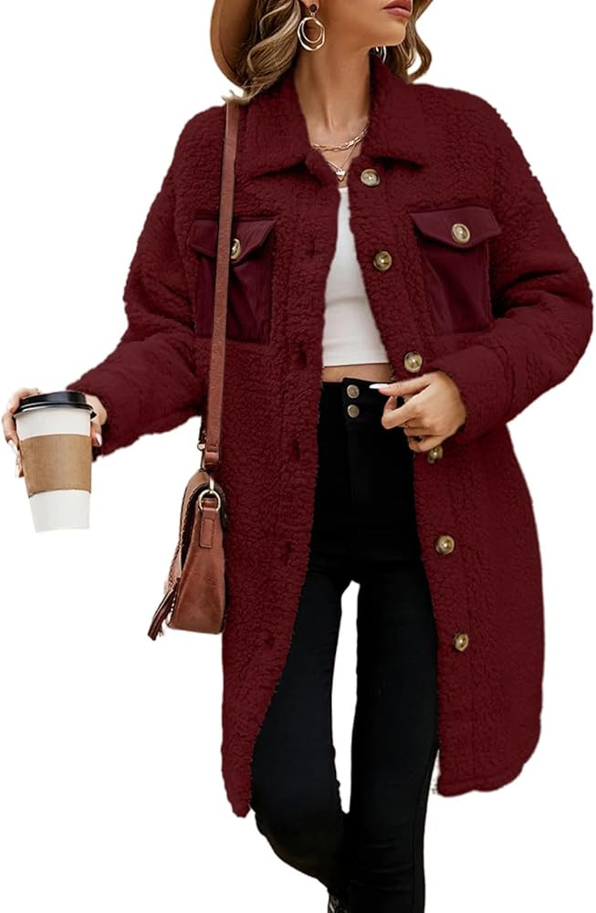 EVALESS Fuzzy Fleece Jackets for Women Fashion Long Sleeve Lapel Button Down Long Teddy Coat Faux... | Amazon (US)