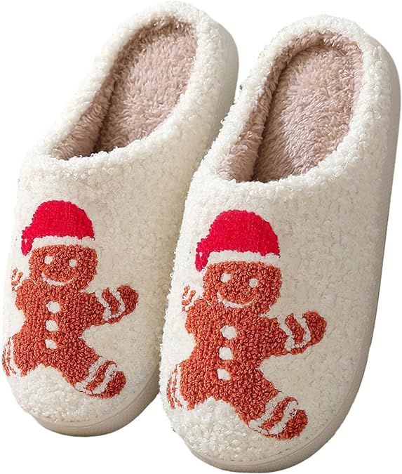 CLABESICS Christmas House Slippers for Women Men, Retro Soft Fuzzy Slippers Couple Casual Fluffy ... | Amazon (US)