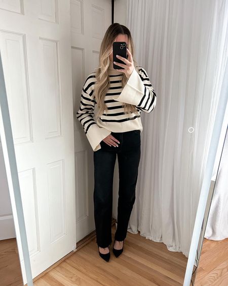 Linking similar products, this entire outfit is from a brand I cannot link, wearing size medium in sweater and 26 in jeans. ☕️ Office outfit idea, work wear, striped sweater, black jeans, business casual